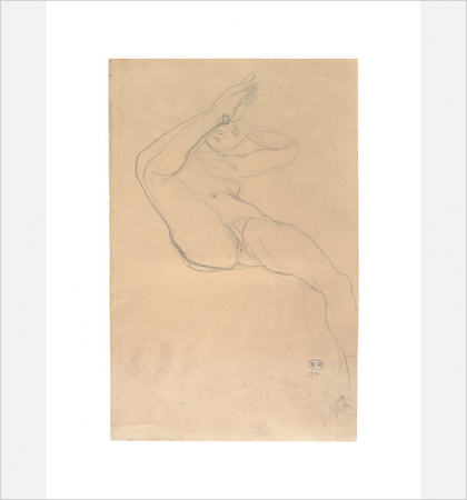Femme nue étendue, une jambe relevée jusqu'au visage (D.5390) - Auguste Rodin - Reproduction de dessin